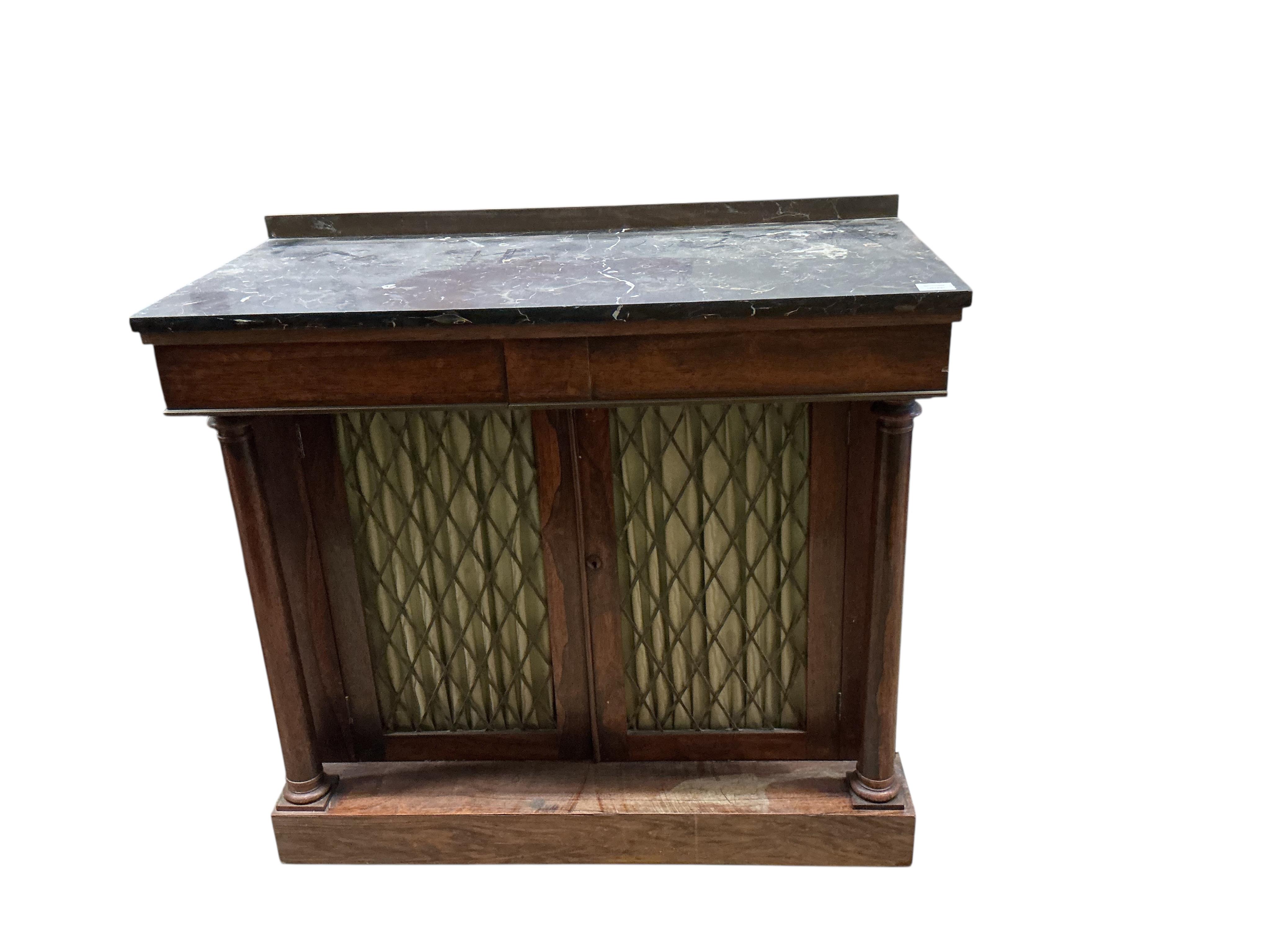 A Regency mahogany marble topped chiffonier, width 99cm, depth 48cm, height 94cm
